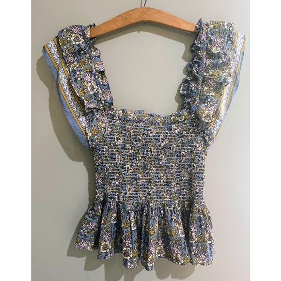 Jennifer & Grace Blue Floral Smocked Ruffle Top - Medium - Picture 3 of 6